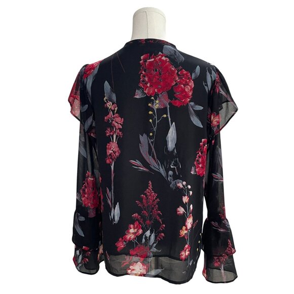 Romantic Sheer Floral Blouse Black Red Long Sleeve Ruffle Top Cottagecore - Picture 8 of 9
